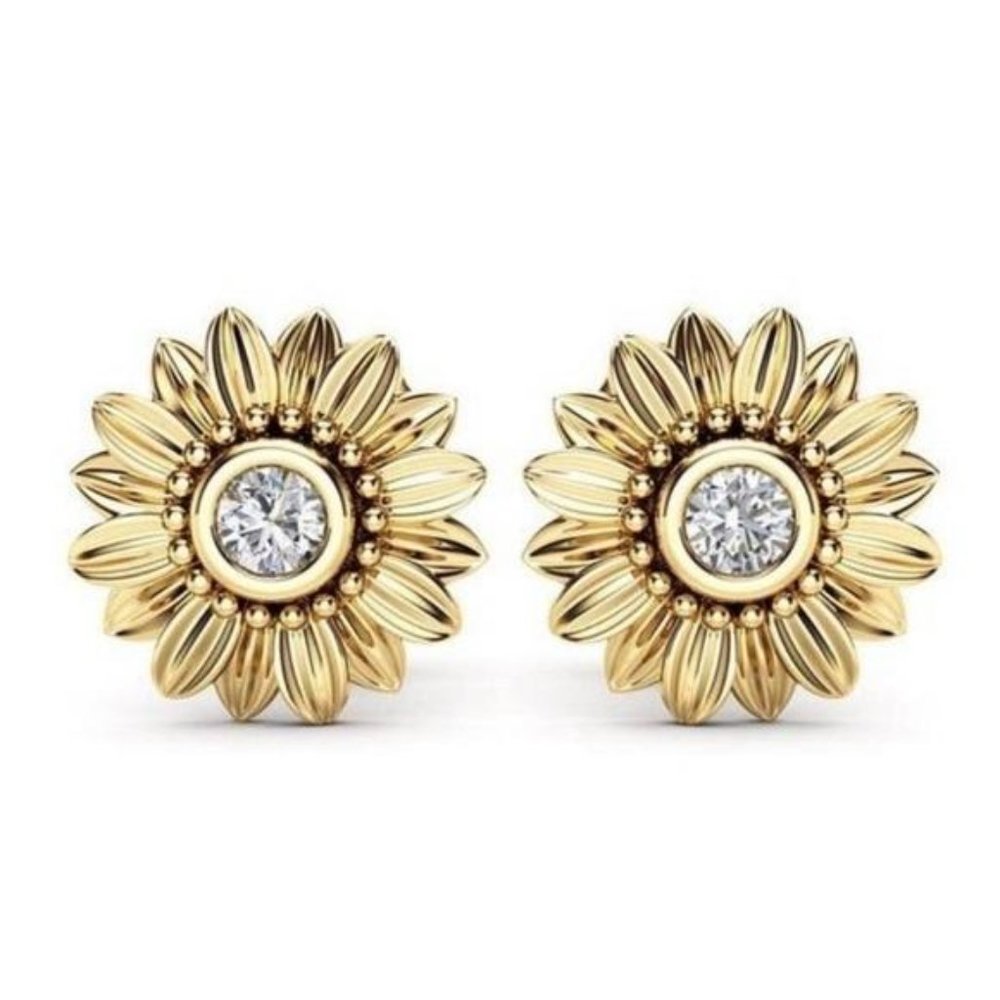 18K YELLOW GOLD  SUNFLOWER STUD EARRINGS, NICE EARRINGS, CUTE EARRINGS
